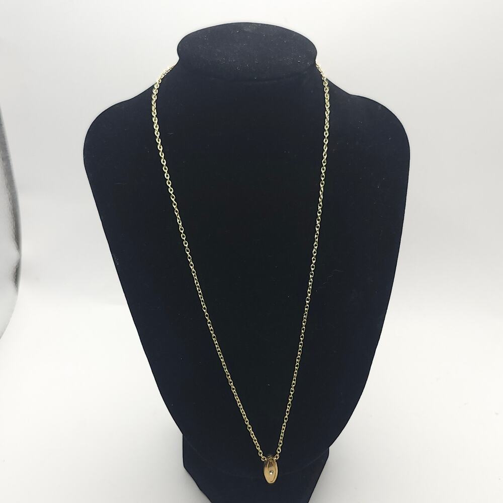 Vintage Gold Tone Navette Pendant Necklace Minimalist Clear Rhinestone 18in